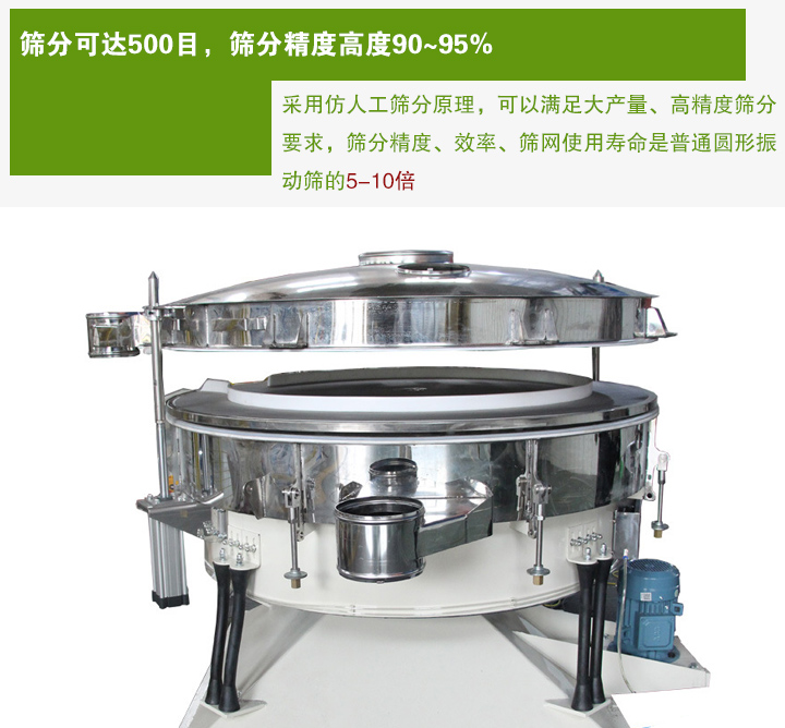 搖擺篩分機采用仿人工篩分原理，可以滿足大產量、高精度篩分 要求，篩分精度、效率、篩網(wǎng)使用壽命是普通圓形振 動篩的5-10倍